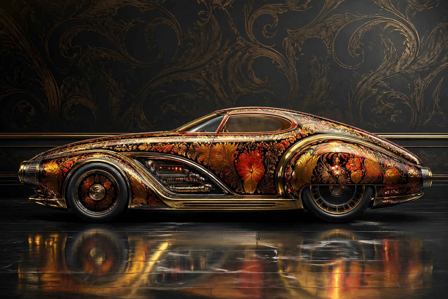 Carro retrofuturista em ilustração ornamentada inspirada em khokhloma