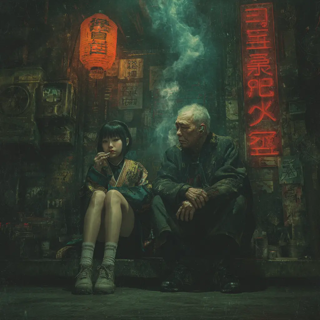 未來賽博格中國城市中的亞洲女孩與爺爺