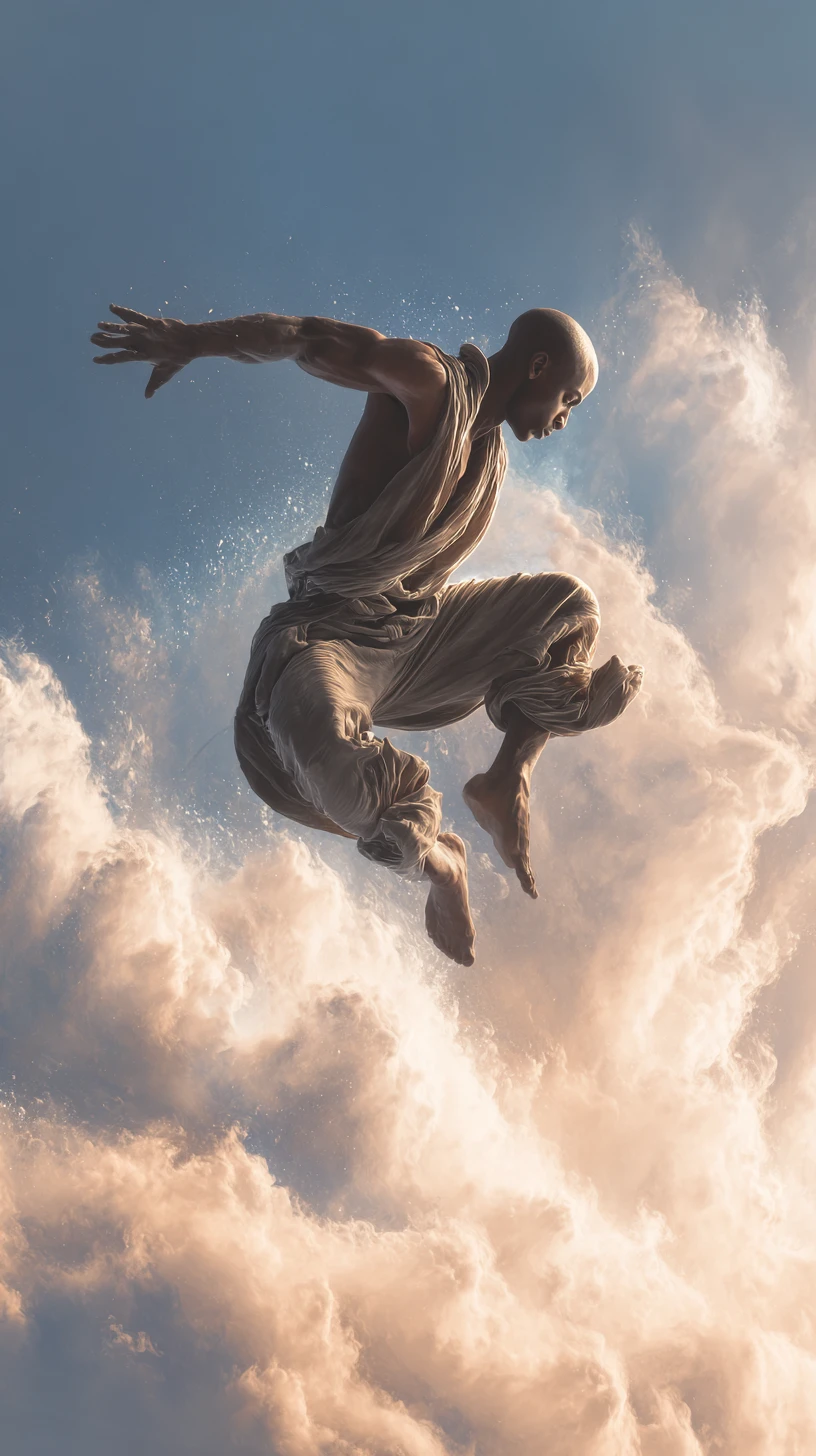 Bald black man leaping from a surreal life sized mural