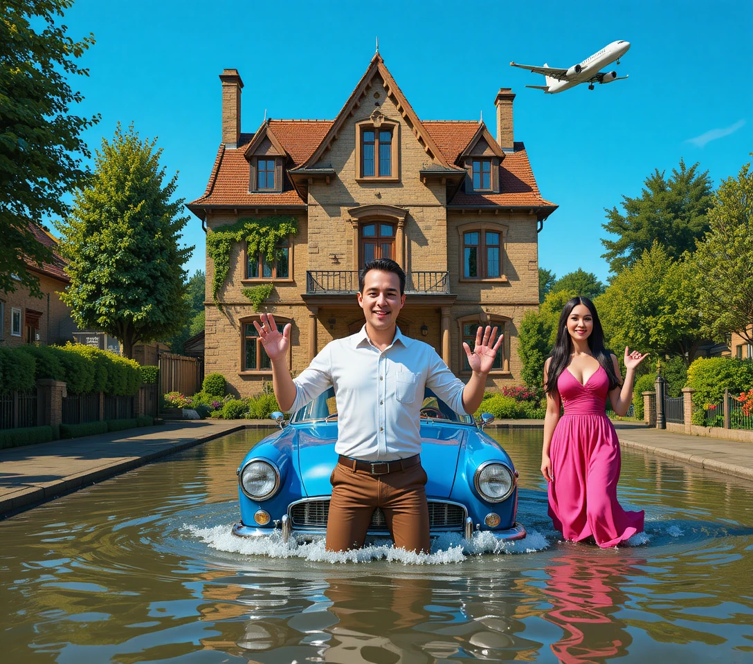 Rua suburbana inundada surreal com casa em estilo Tudor e casal