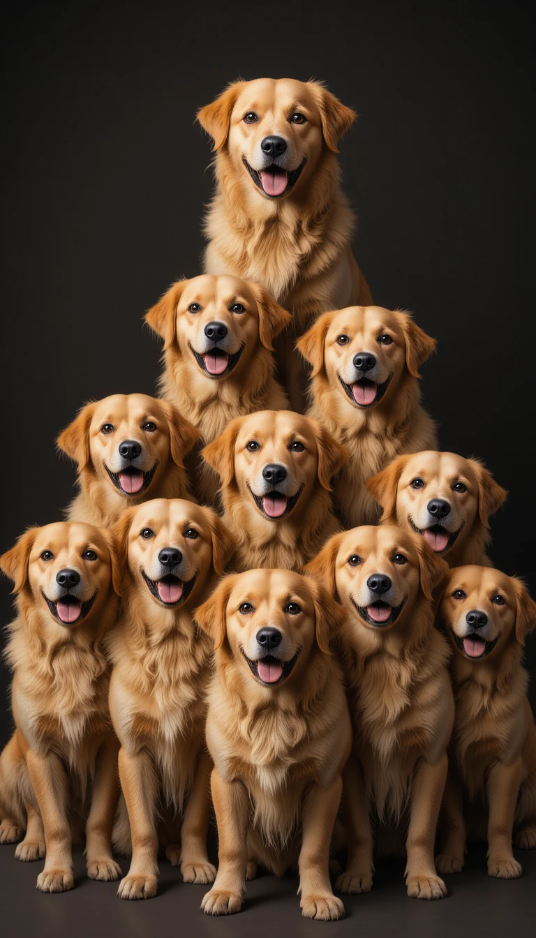 Nove cães dourados em uma formação de pirâmide divertida