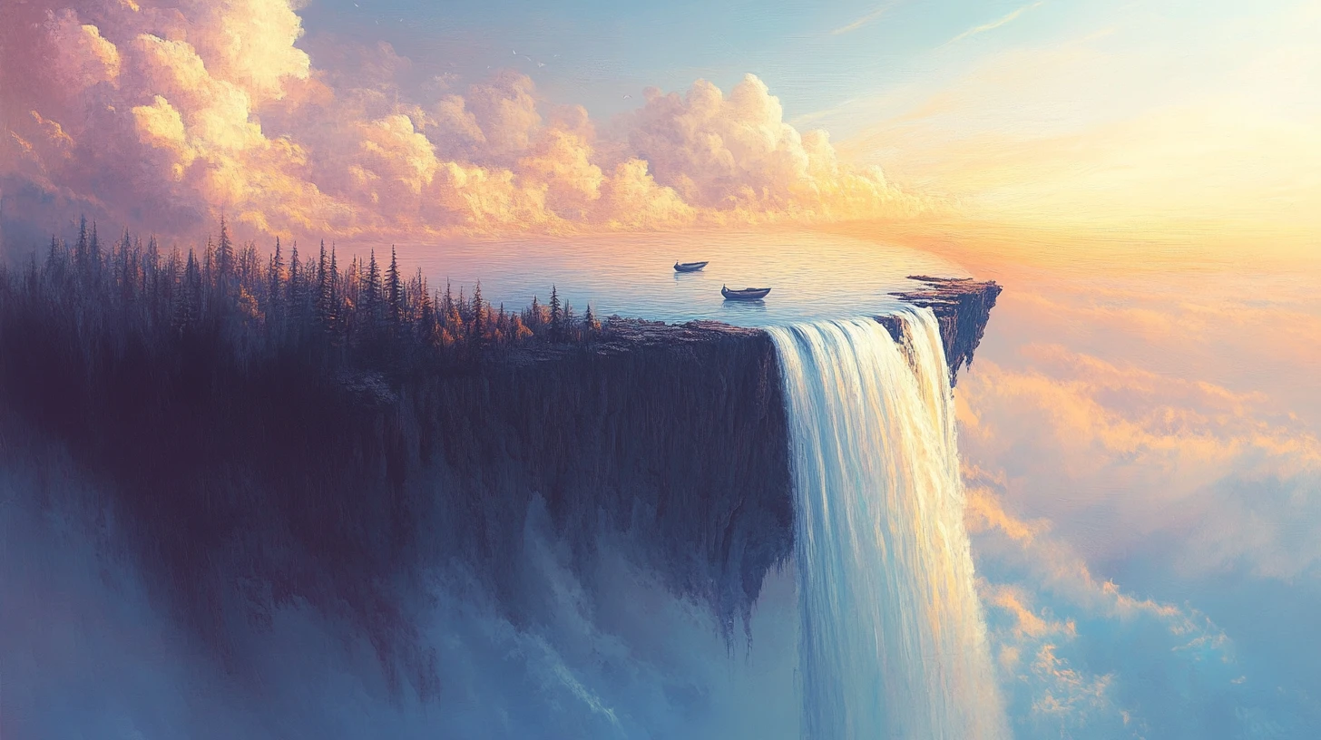 Cascata surreale di un lago che si riversa in un vuoto infinito