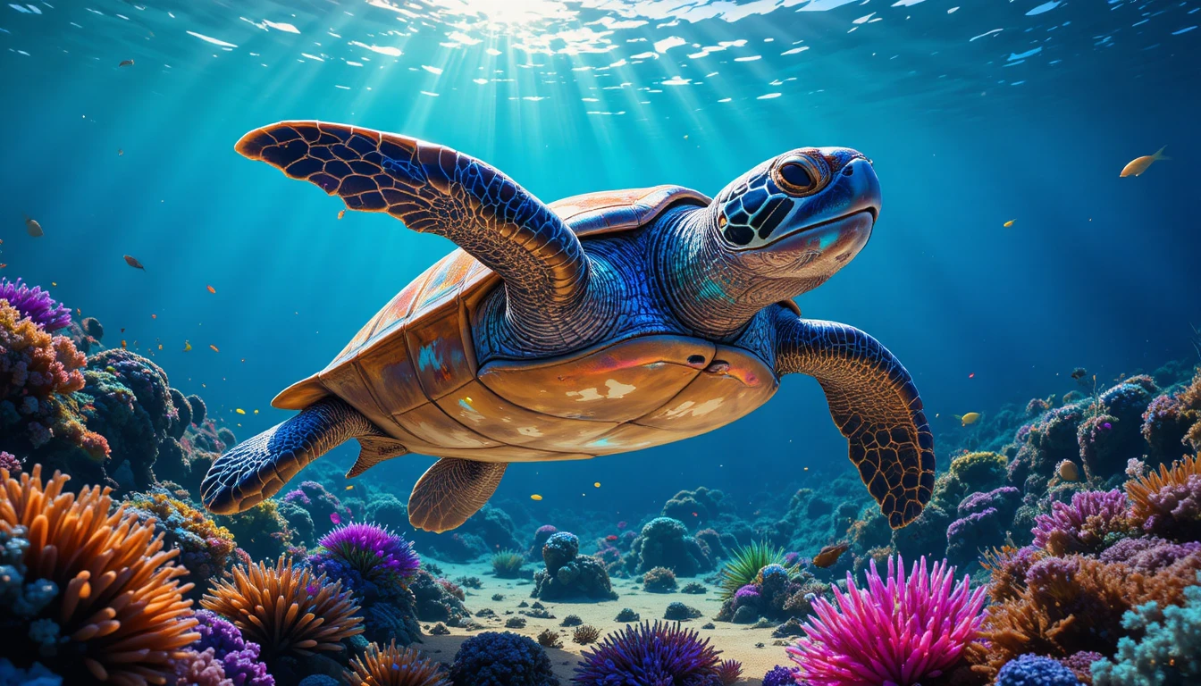 Tartaruga-marinha deslizando pelo oceano azul-cristalino banhado pelo sol