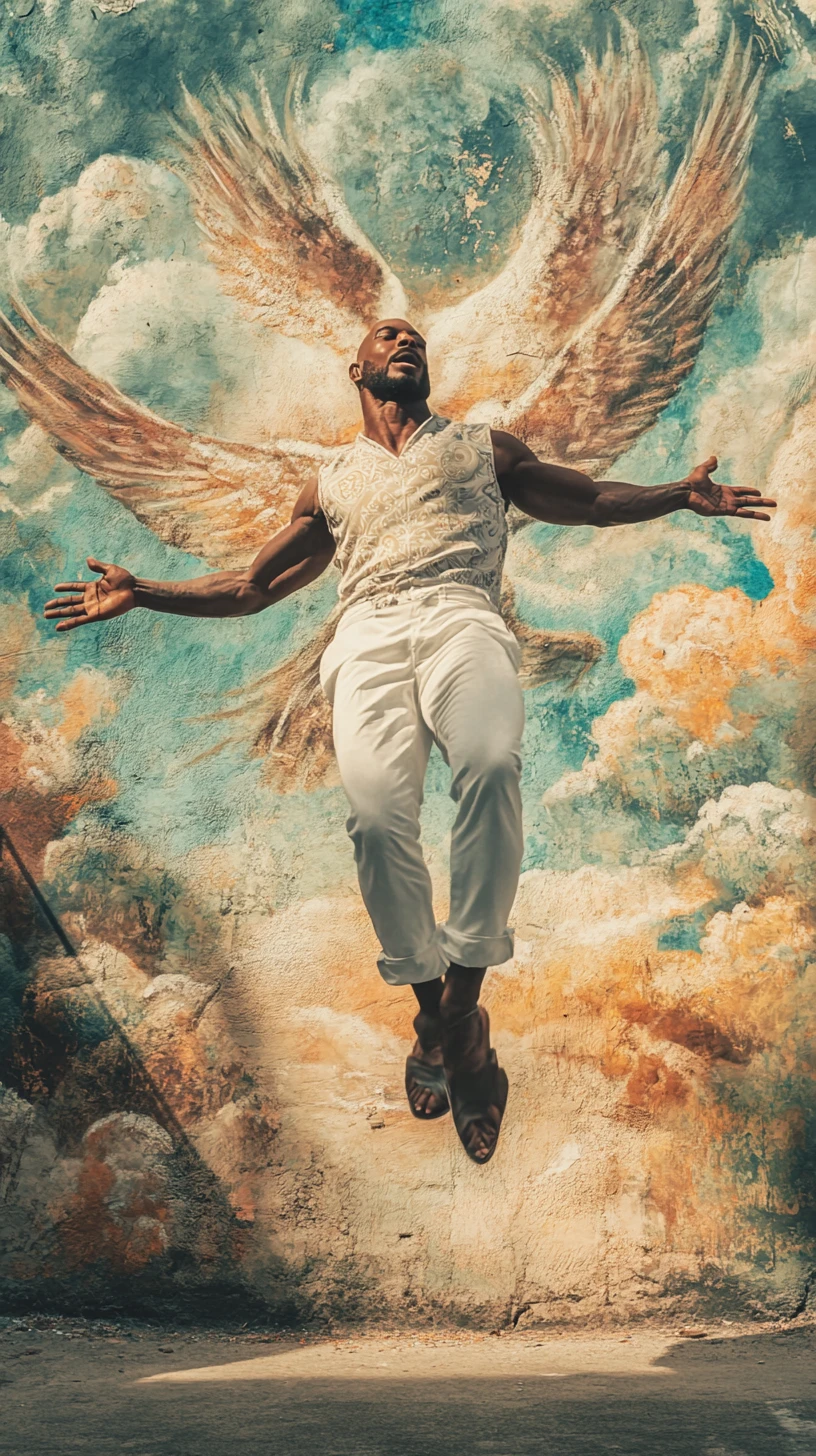 Bald black man leaping from a surreal life sized mural