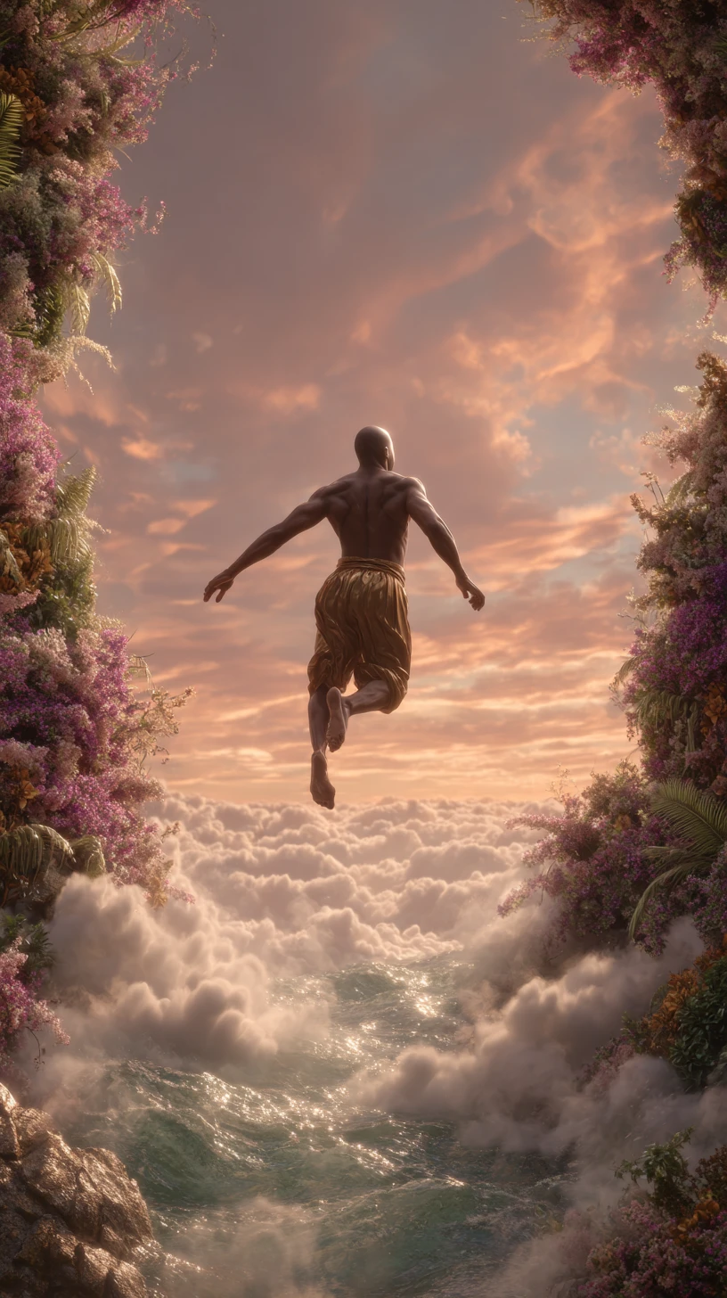 Bald black man leaping from a surreal life sized mural