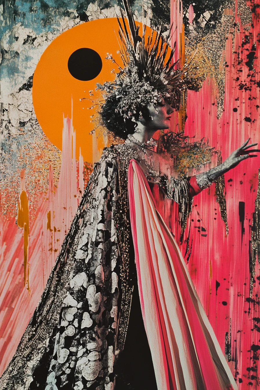 Mulher boêmia surreal em retrato de colagem colorida e alegre