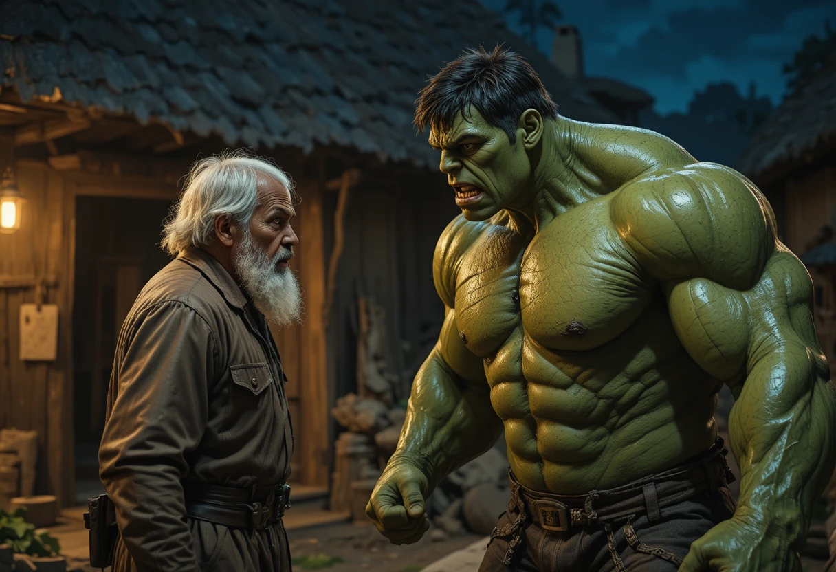 Velho repreendendo um aldeão gigante tipo Hulk à noite
