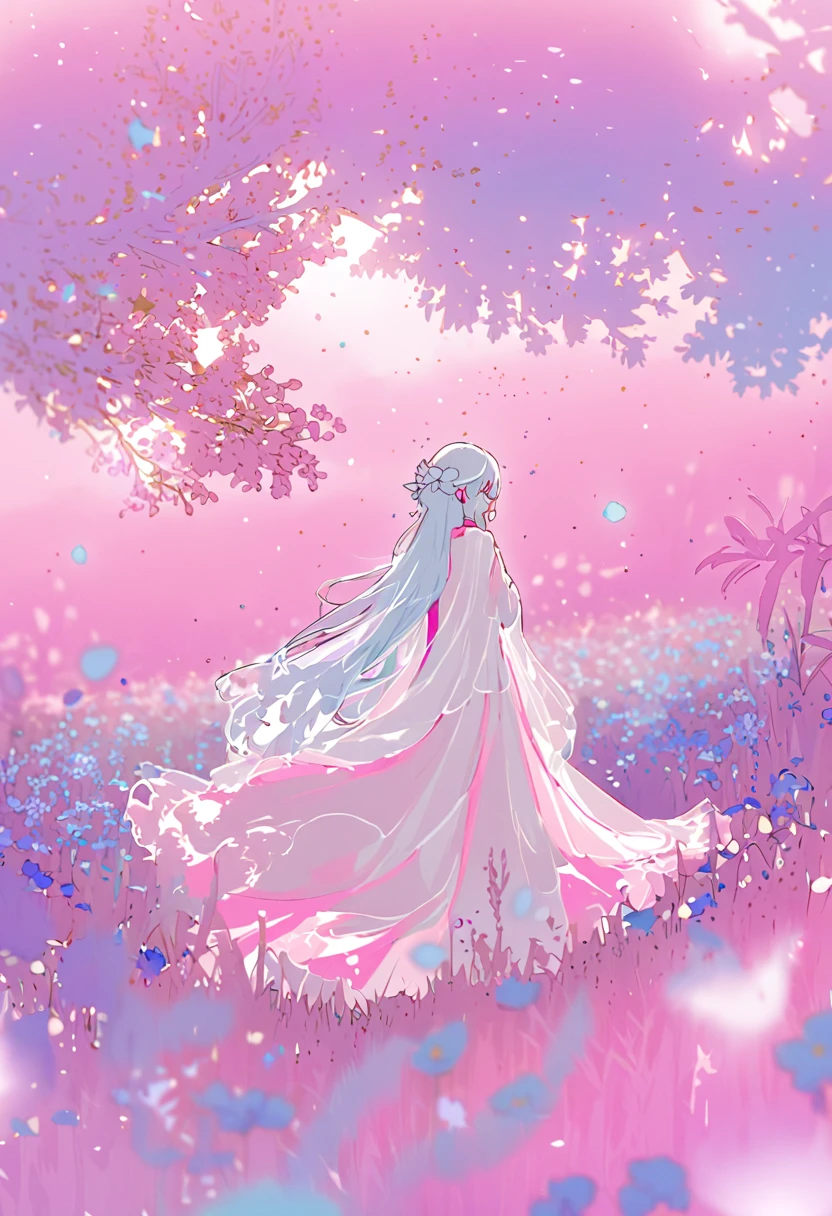 Garota de anime flutuando sobre campo de flores roxas dos sonhos