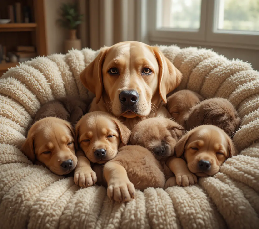 自然室內光下一起熟睡的拉布拉多幼犬