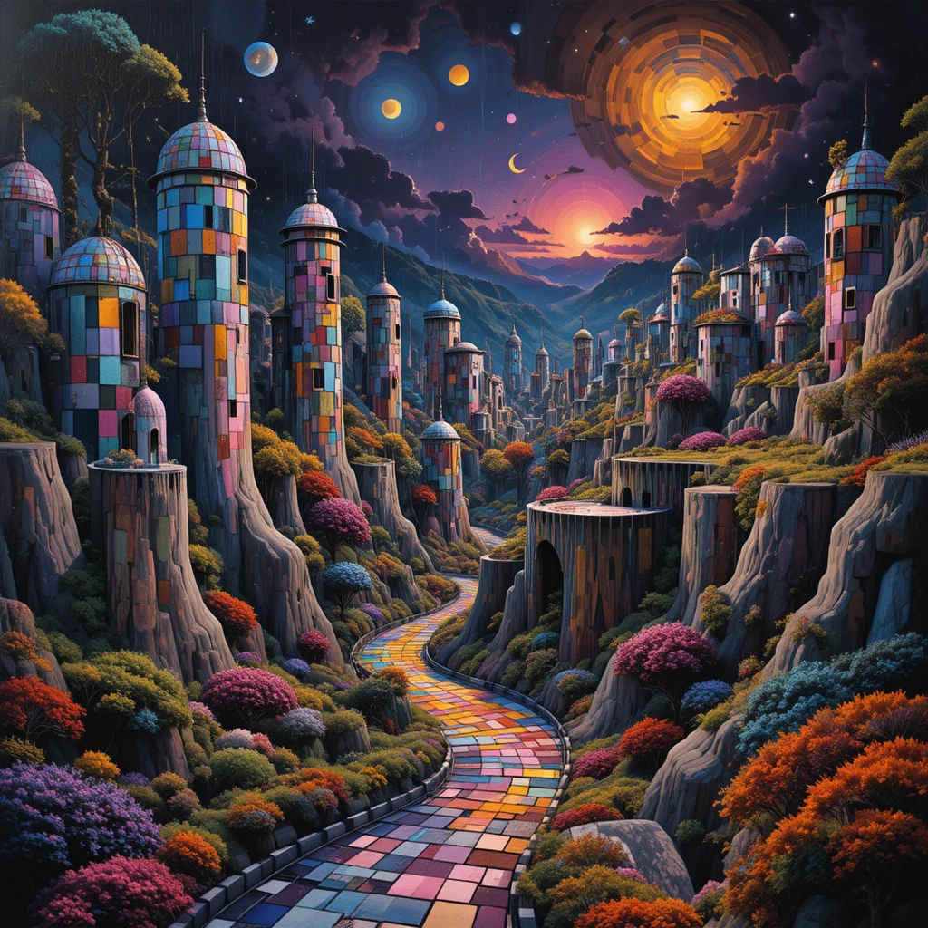 Torres abstratas erguidas em uma paisagem xadrez surreal
