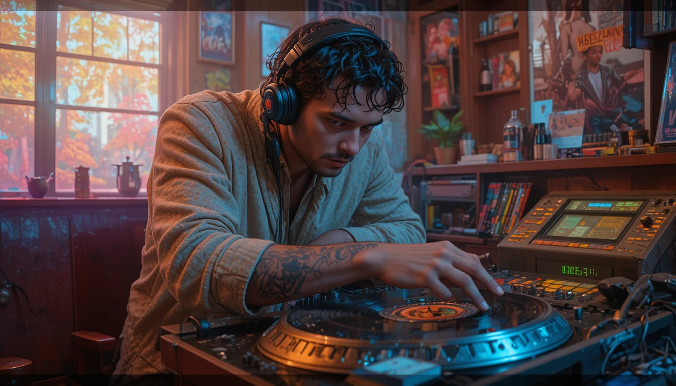 DJ in stile claymation neon circondato da vibrazioni musicali retrò