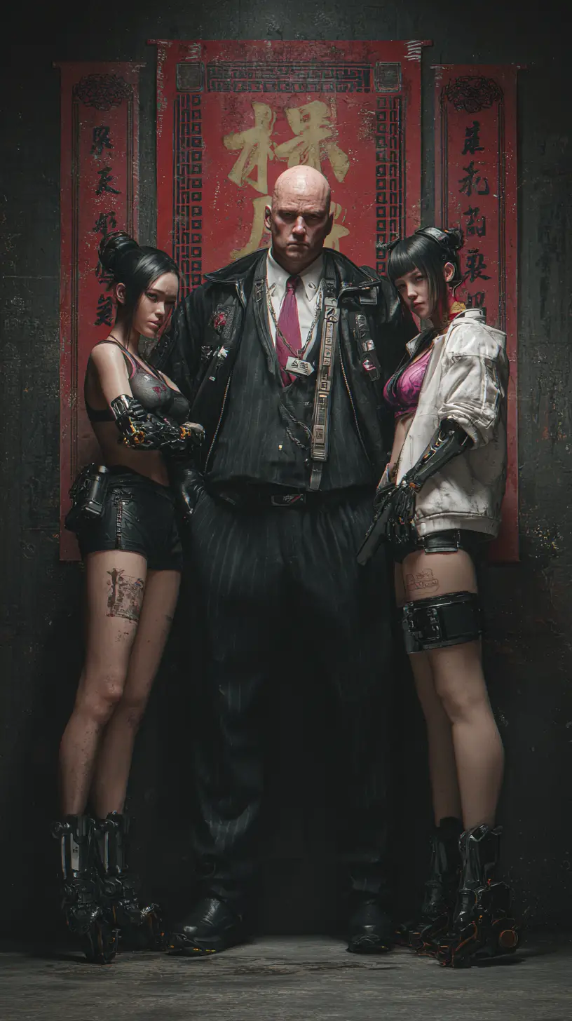 Cinematic kingpin with bodyguards in futuristic Chinese city
