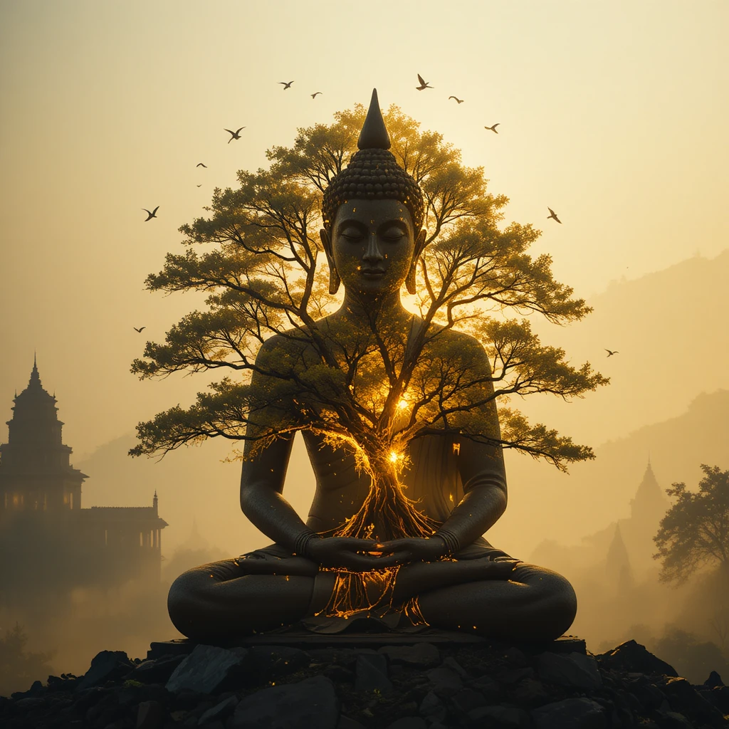 Doppelbelichtung: Buddha-Silhouette mit leuchtendem heiligen Baum