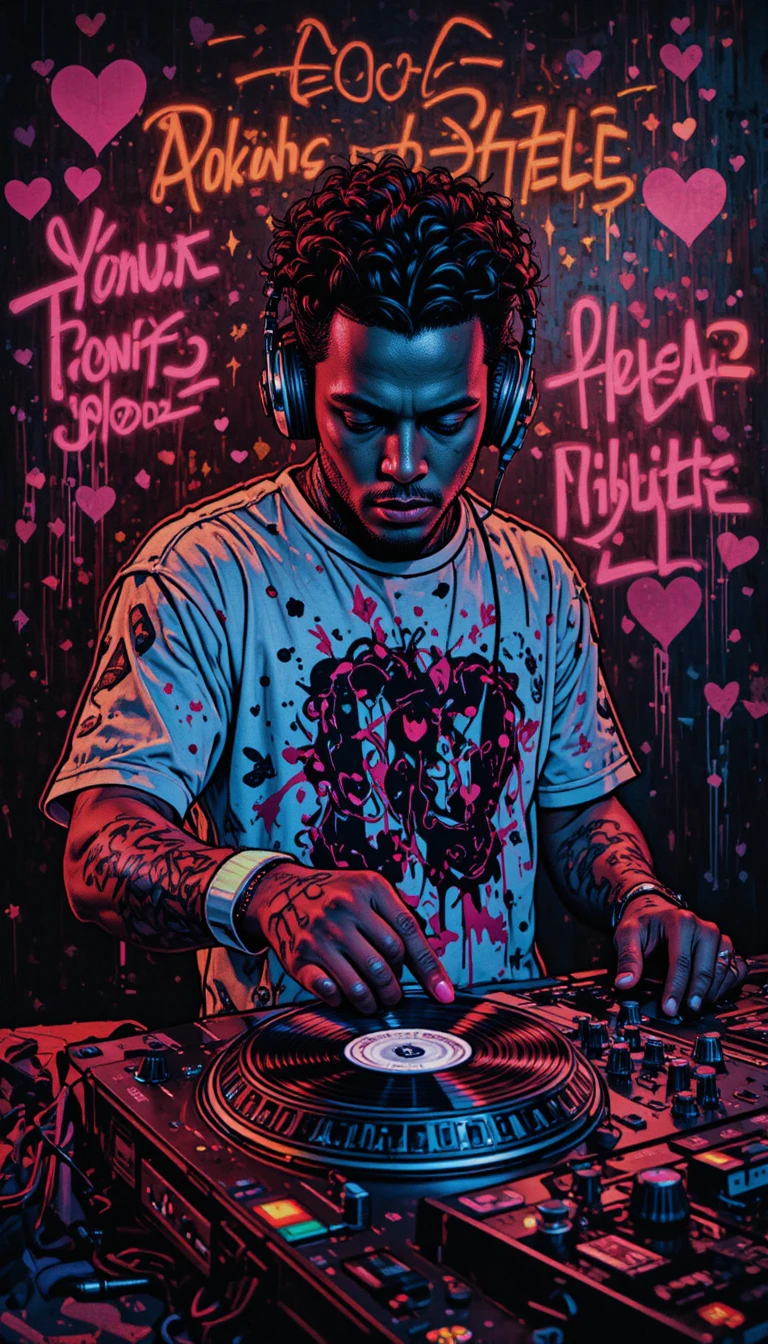 DJ in stile graffiti al neon con vibrazioni da mixtape retrò