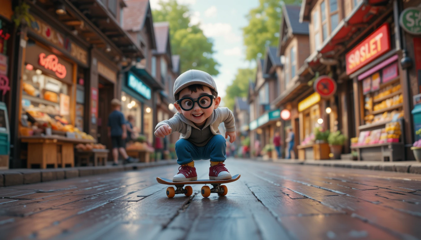 Minuscule enfant skateur filant à travers un marché coloré