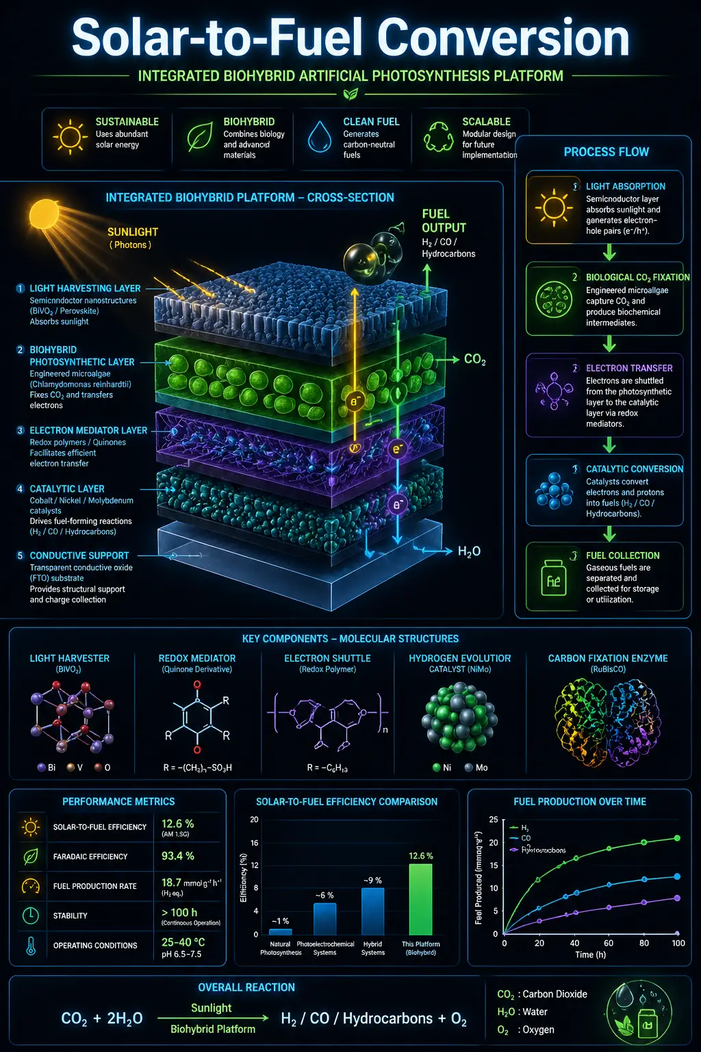 Infografía científica de una plataforma integrada de fotosíntesis artificial