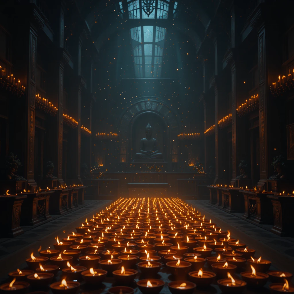 Interior de templo dourado iluminado por incontáveis diyas brilhantes