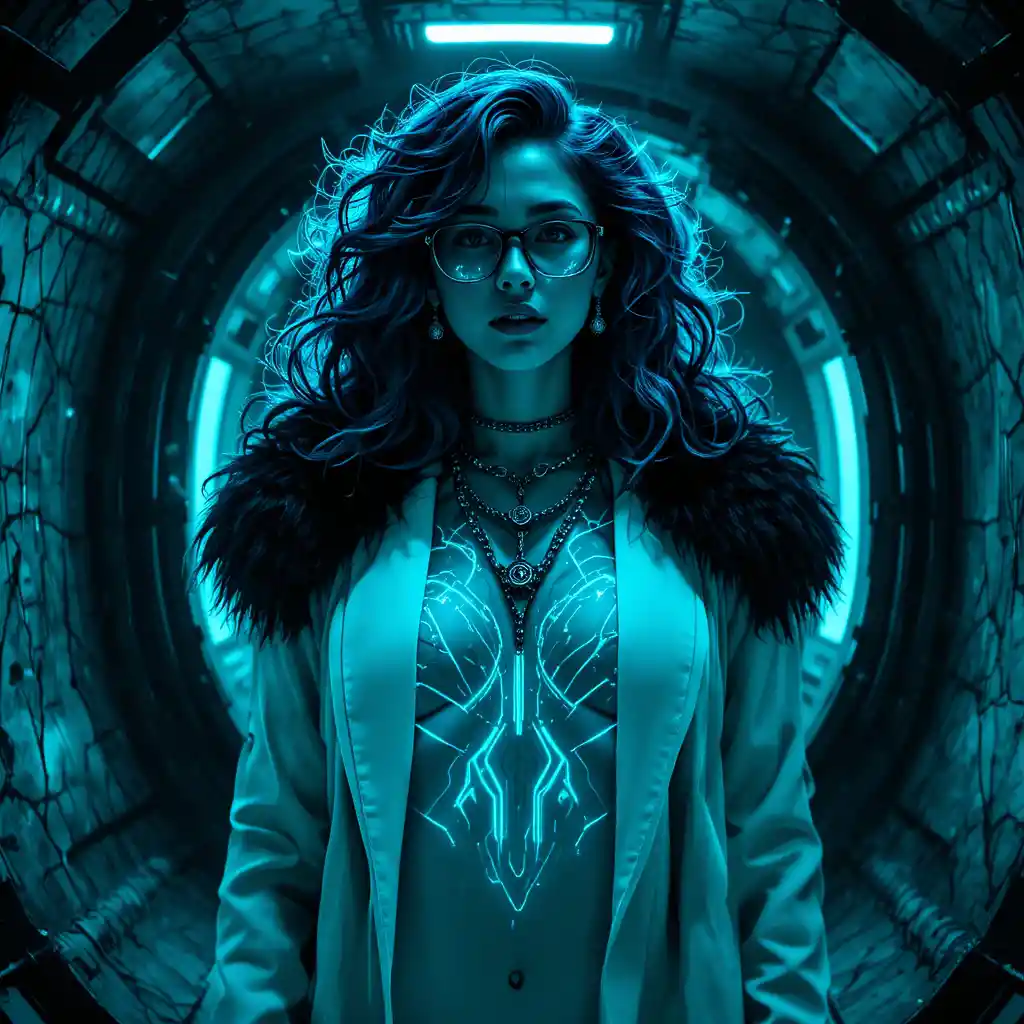 Cyberpunk-Femme-fatale in leuchtender Unterwasser-Reaktorkammer