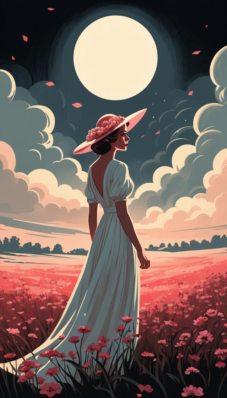 Mulher de vestido branco em pradaria enevoada ao nascer do sol