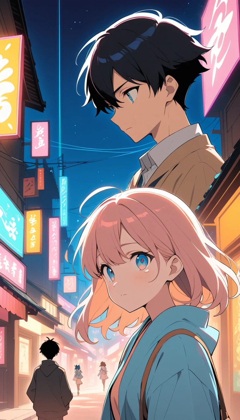 Casal de anime emotivo em close em uma rua iluminada por neon