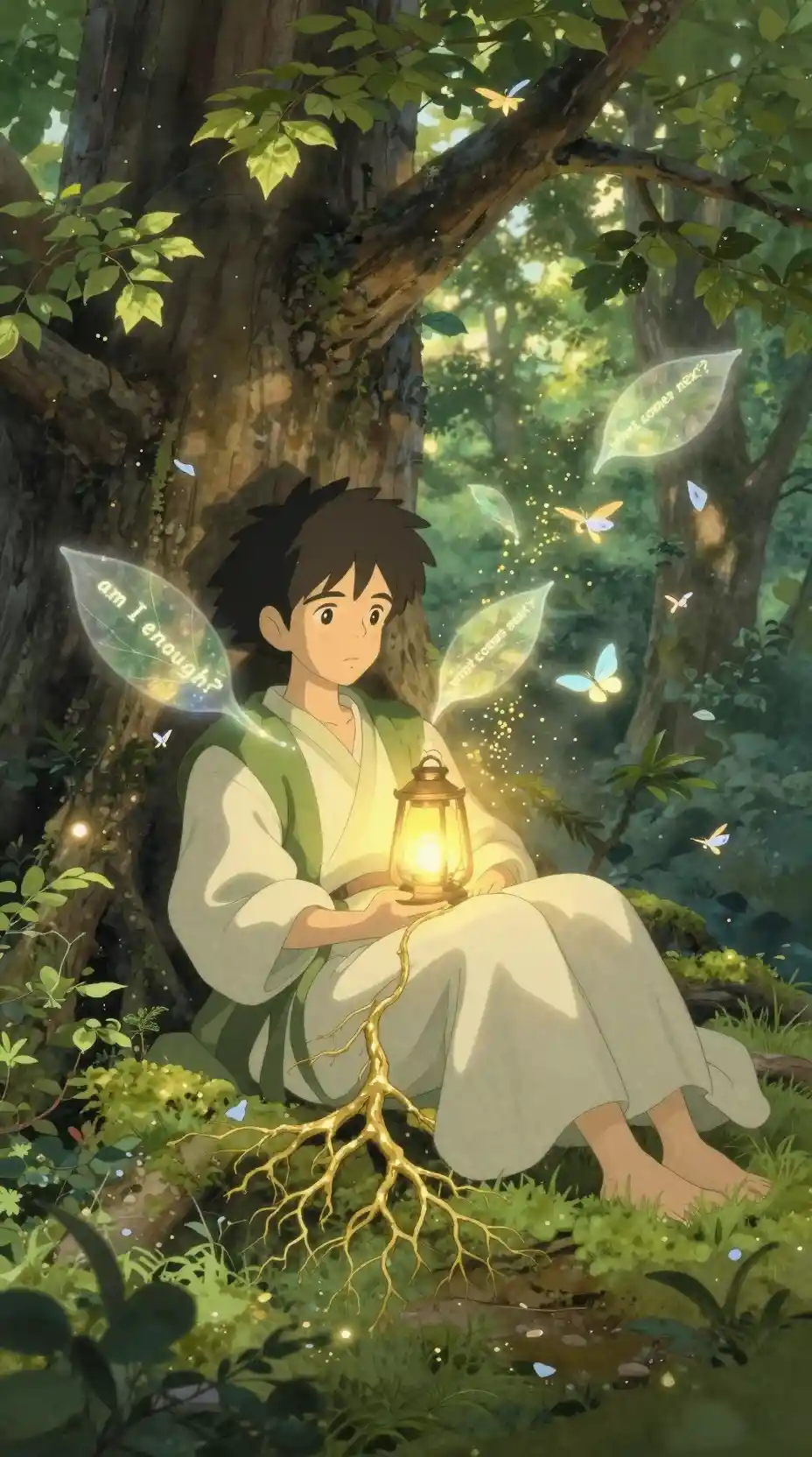 Young traveler resting beneath an ancient sunlit forest