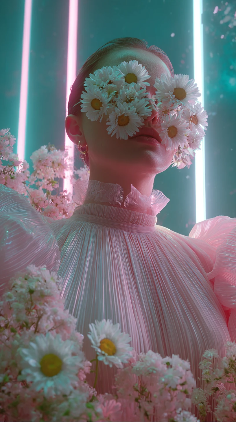 Woman in pink dress with flowers and neon light