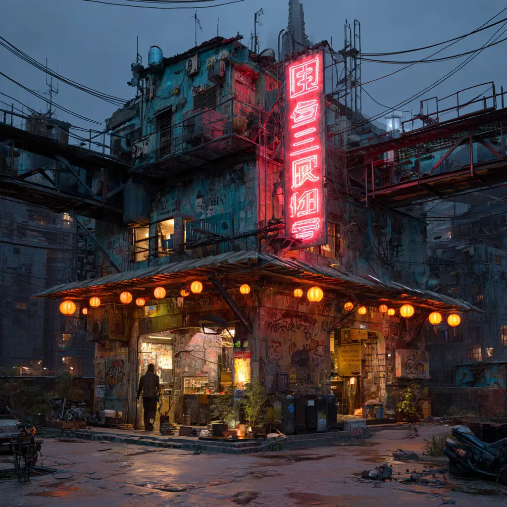 Gangster tattoo session in a futuristic Chinese studio