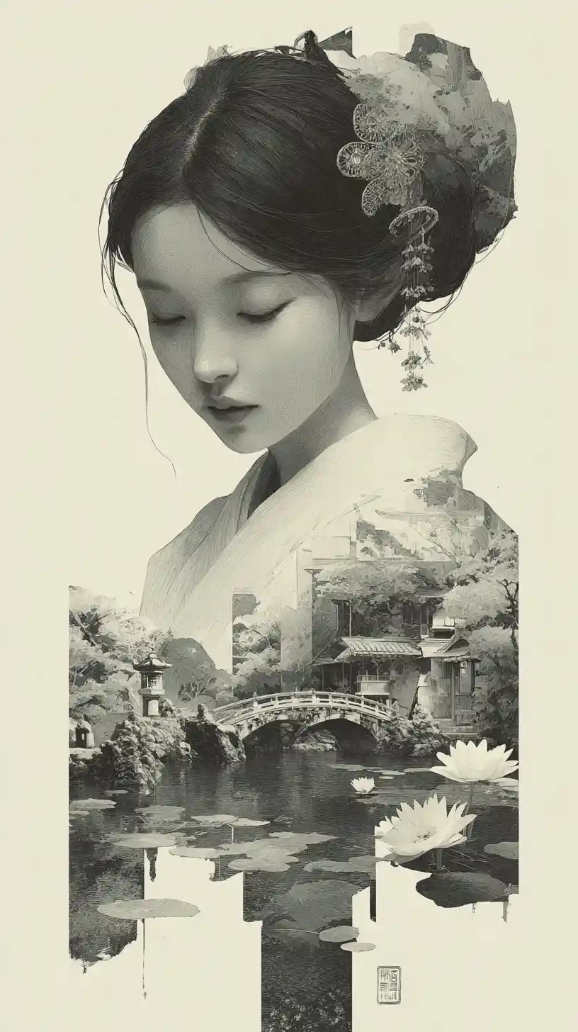 기모노를 입고 정원을 바라보며 사색하는 일본 여성