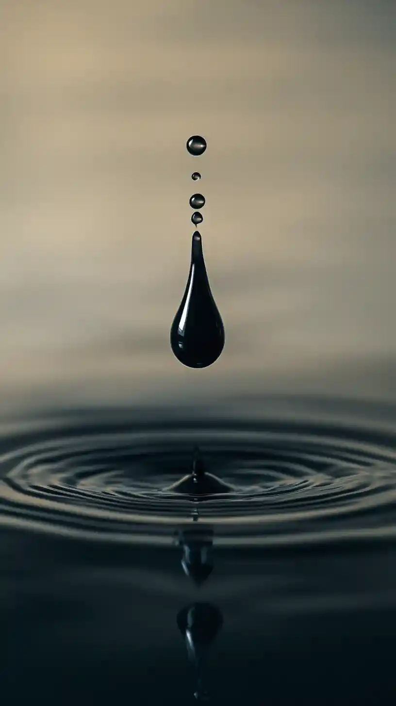 Tiny human diving into suspended dark ink droplet