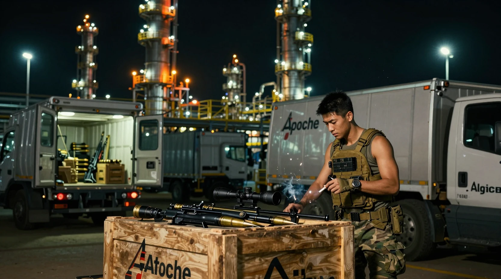 Bewaffneter Soldat bei Nacht in einer afrikanischen Ölraffinerie