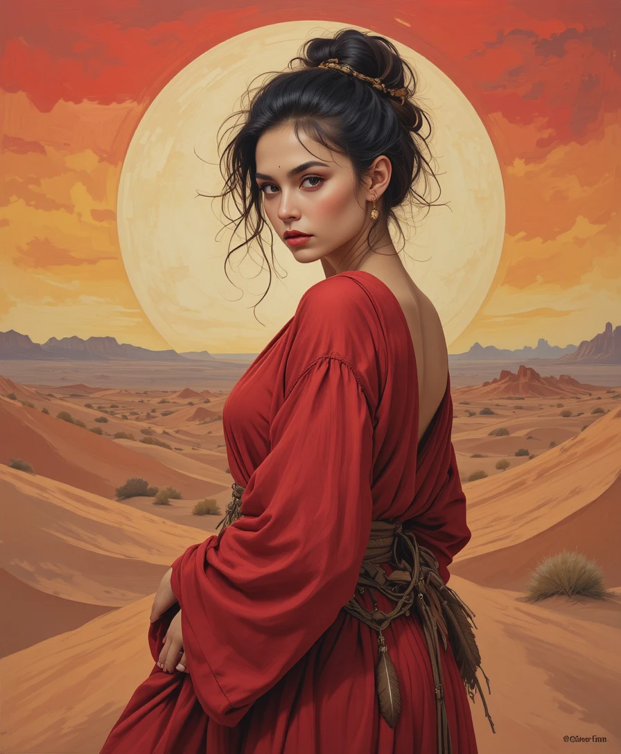 Mujer con túnica roja ante un deslumbrante atardecer en el desierto – pintura