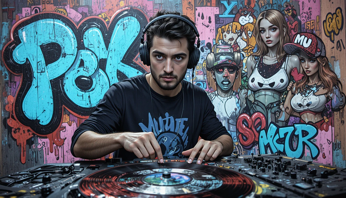 Neon-Graffiti-DJ im Mixtape-Nostalgie-Look