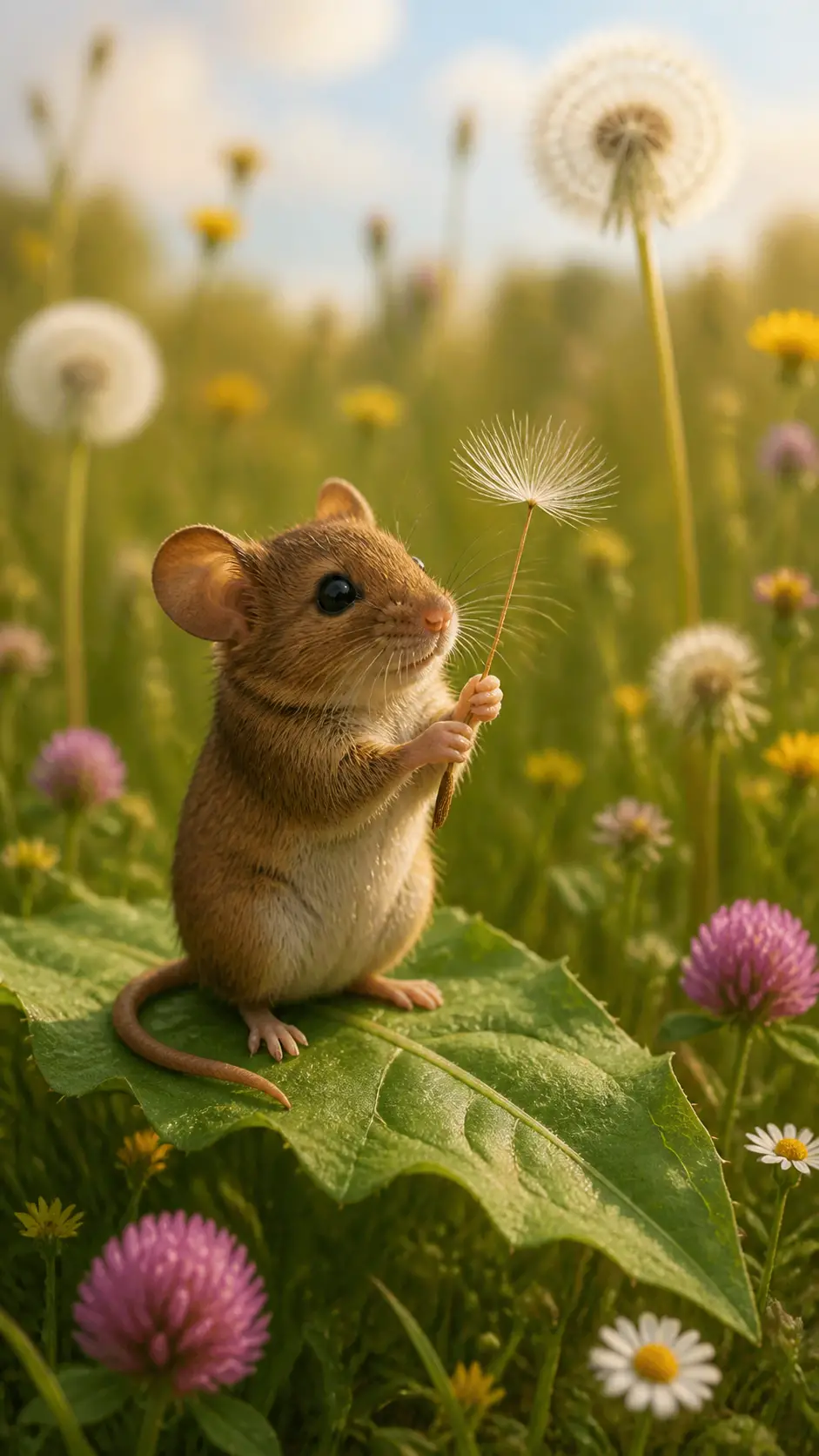Souris brune curieuse tenant une graine de pissenlit sur une feuille