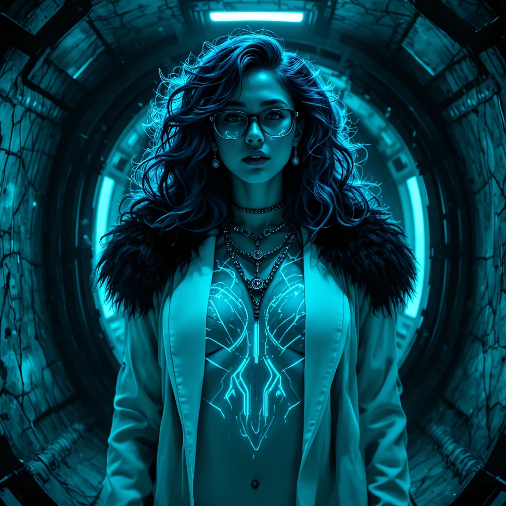 Cyberpunk-Femme-fatale in leuchtender Unterwasser-Reaktorkammer
