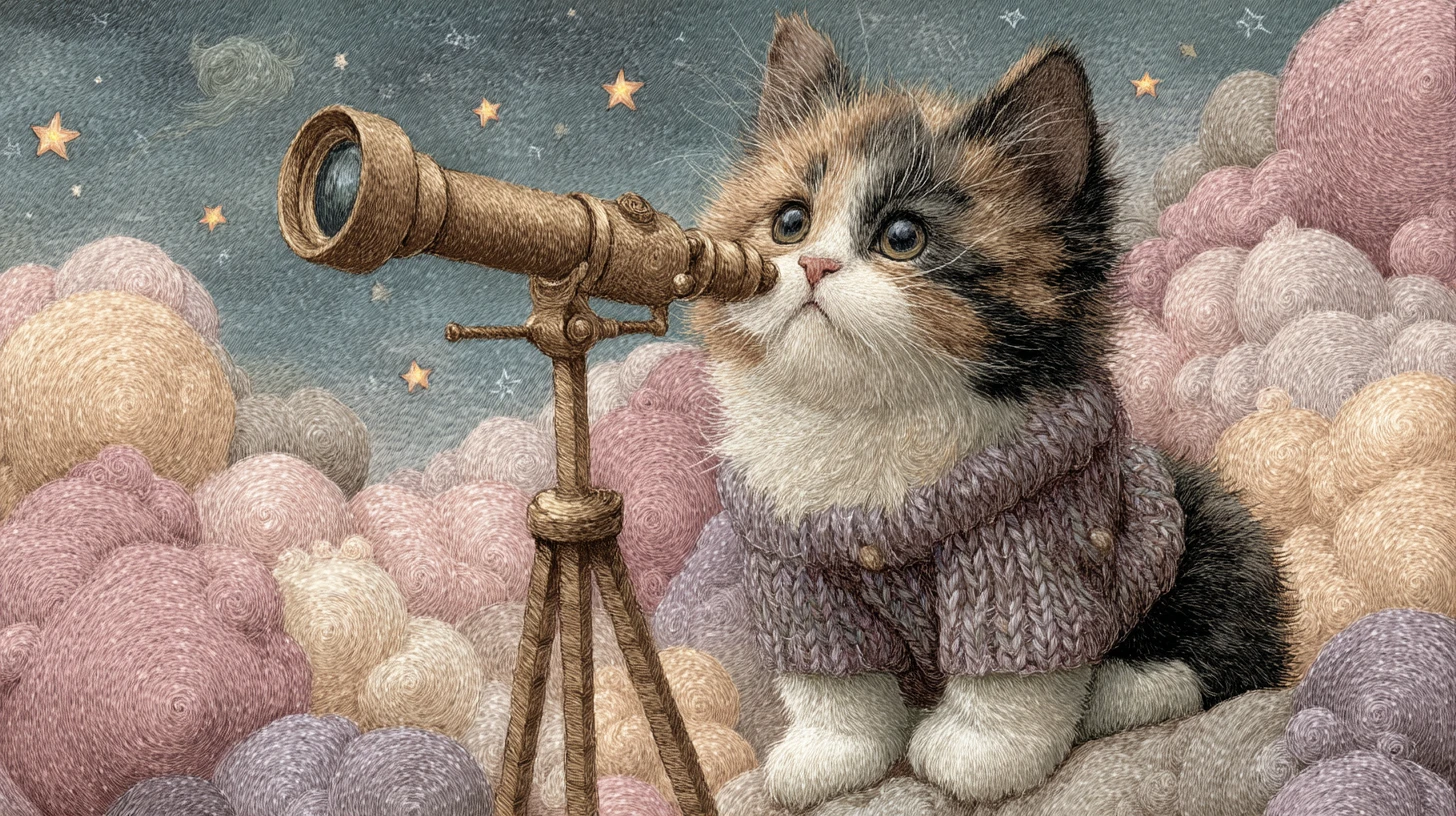 Minuscule chaton tricolore sur croissant de lune avec télescope