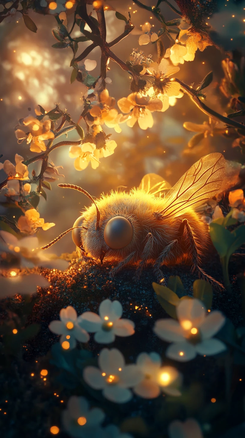 Gentle wasp character resting among flowers in forest glow