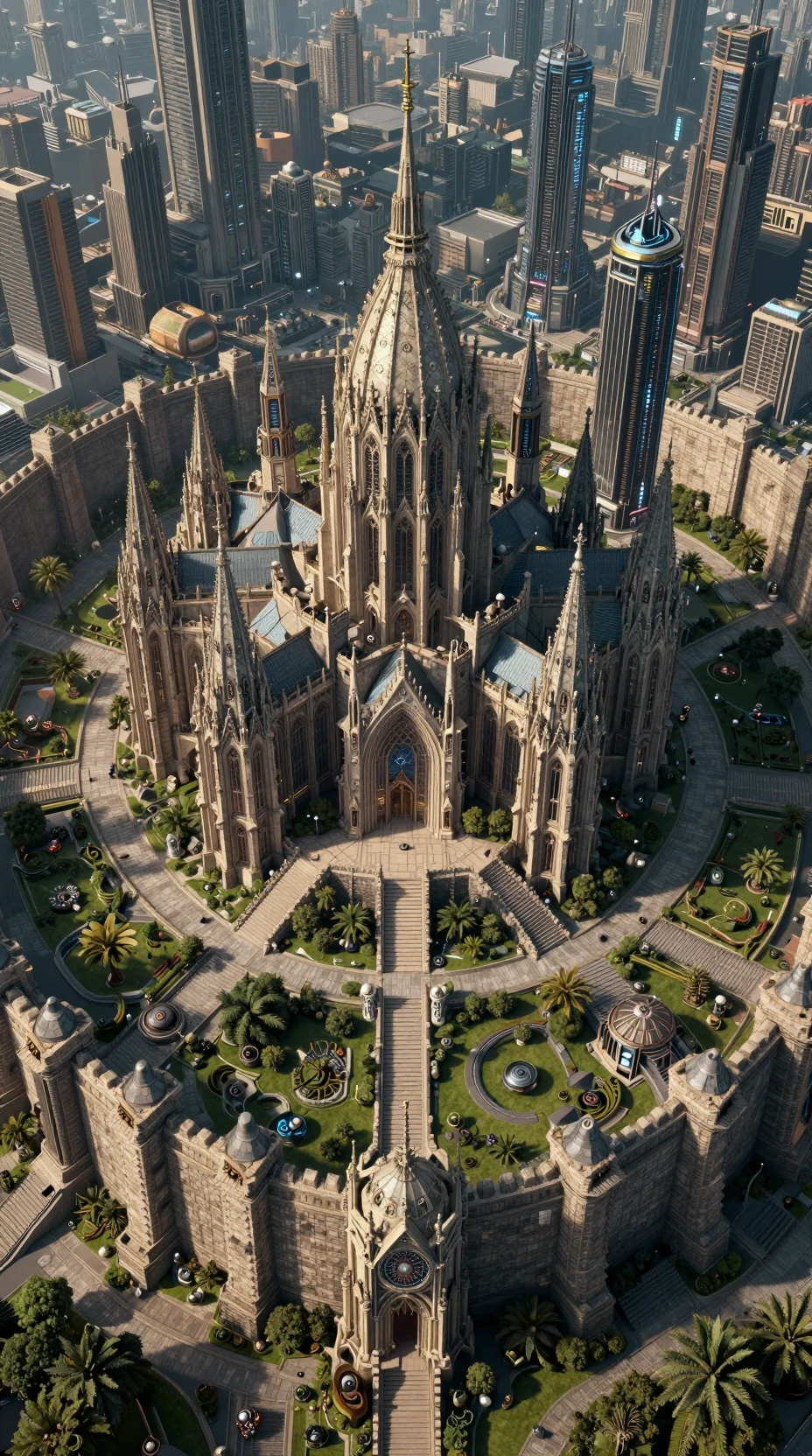 Vista aérea de una ciudad fortaleza celestial gótica cyberpunk
