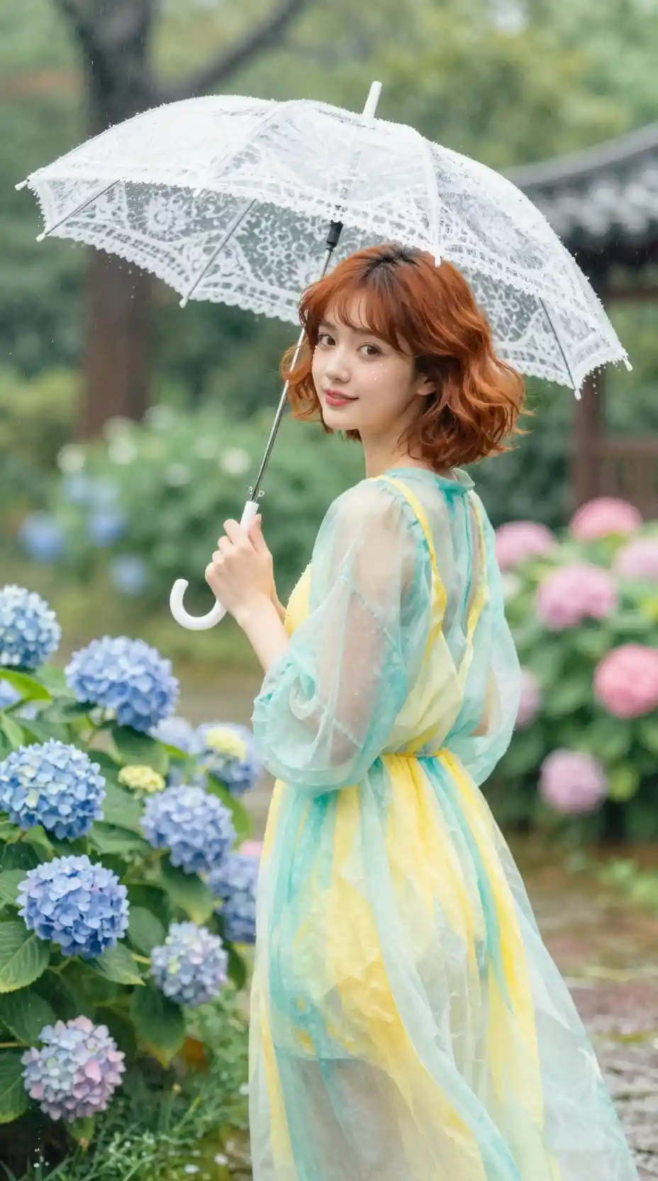 Girl with lace umbrella in a rainy Japanese garden