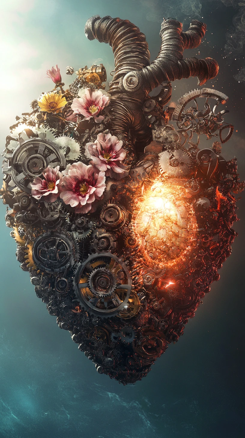Surreales Herz aus Blumen und Zahnrädern mit innerem Leuchten