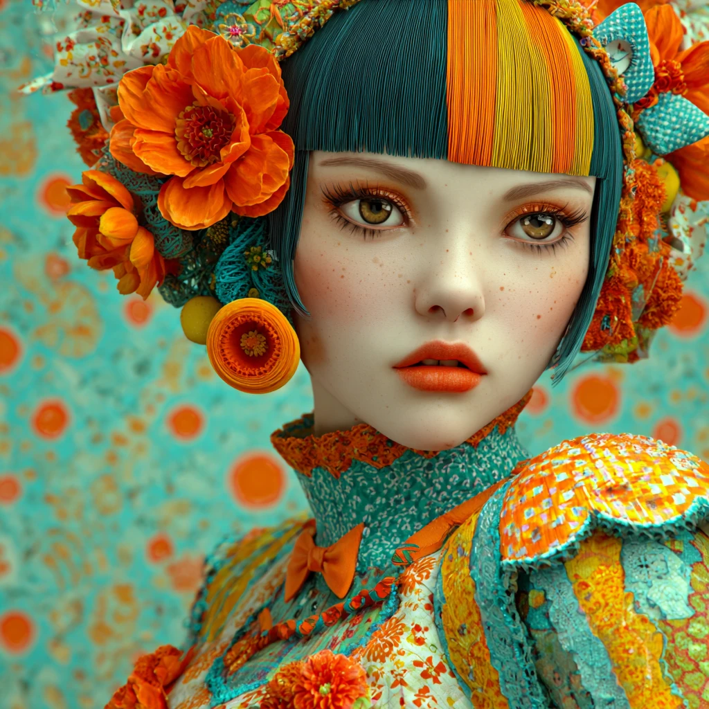 Retrato 3D onírico de uma mulher artística e nostálgica