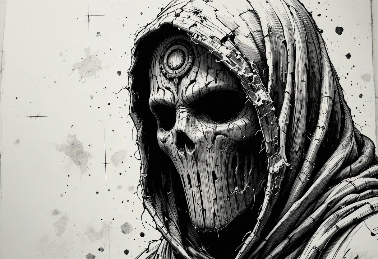 Figura incappucciata con maschera di legno in un netto chiaroscuro a inchiostro