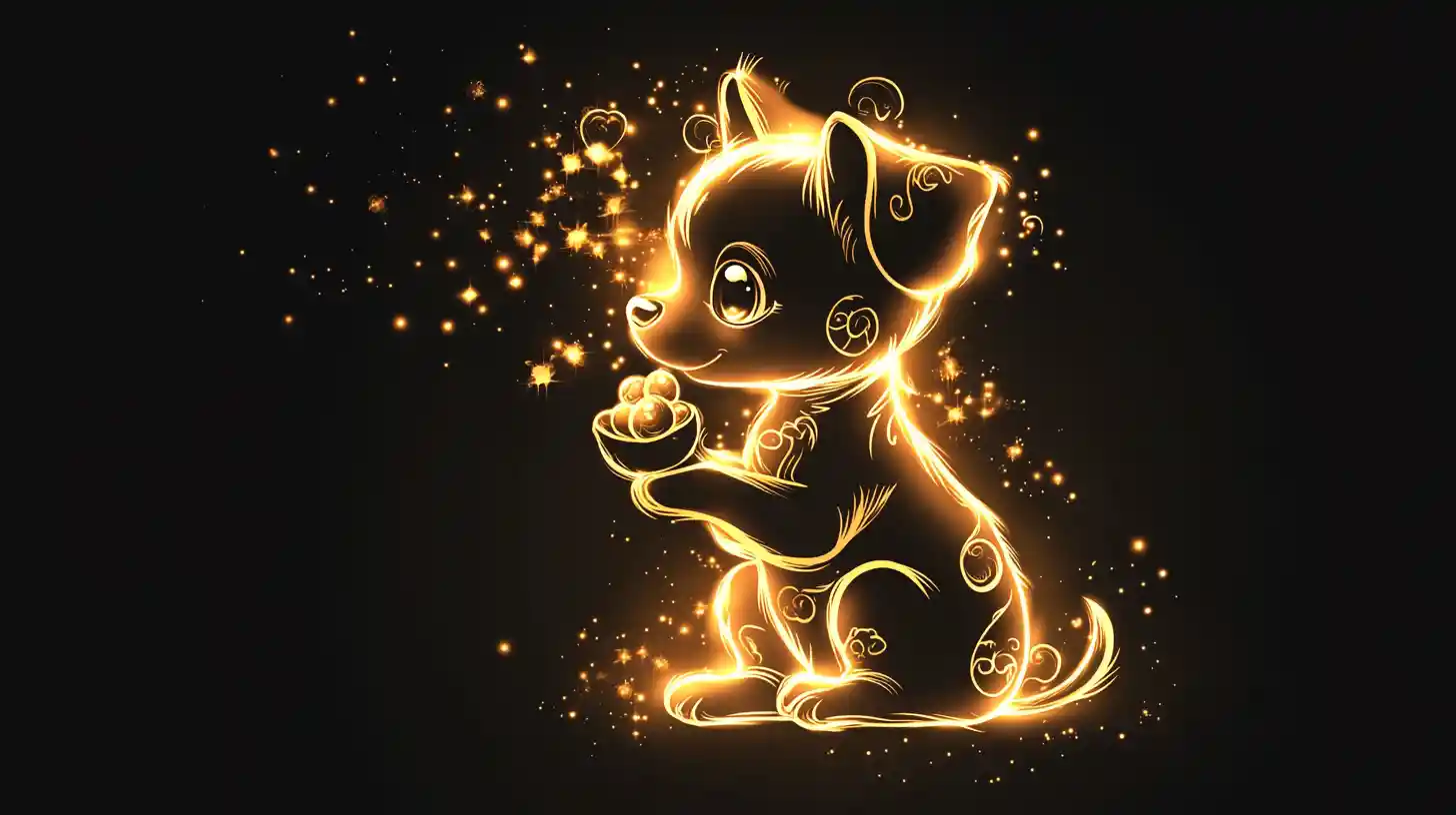 Glowing gothic puppy silhouette with magical swirling treats