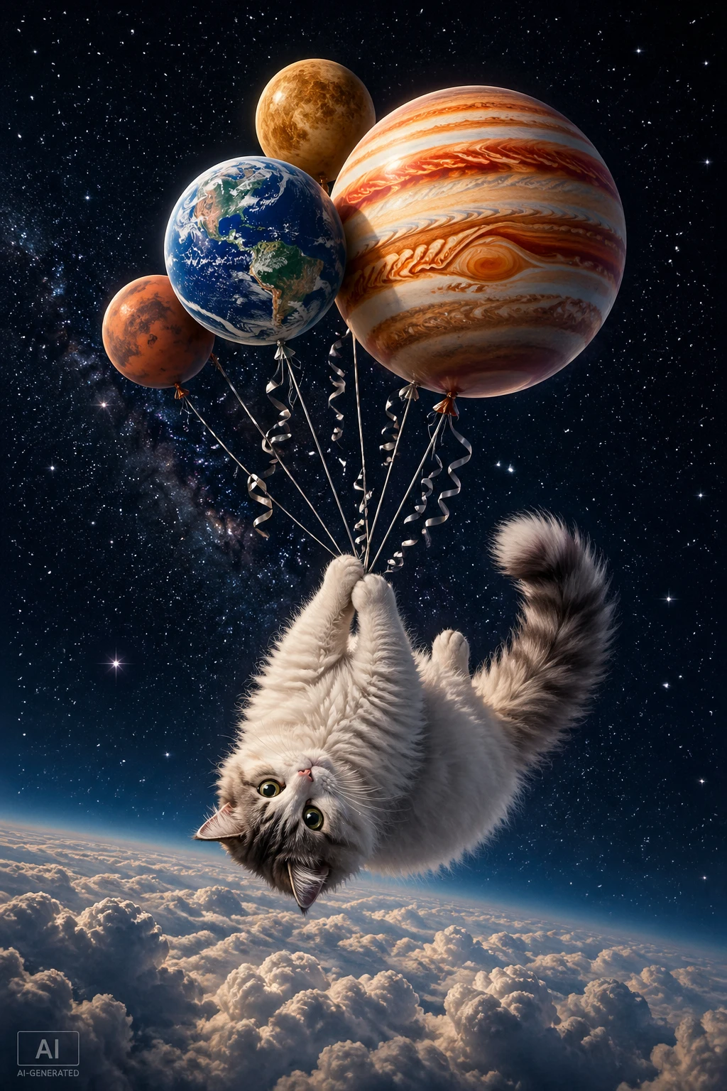 Schwebende flauschige Katze mit Planeten-Ballons im All