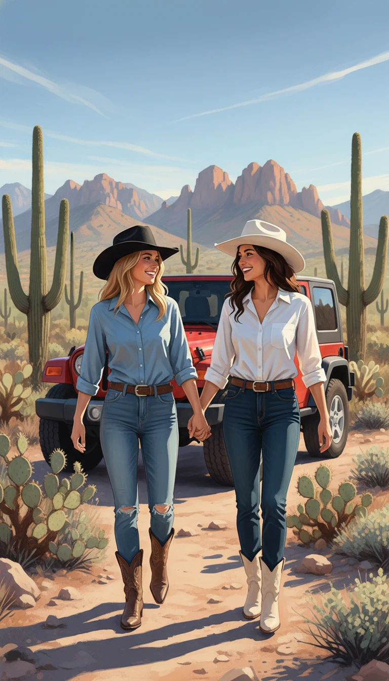 Two cowgirls holding hands in the Arizona desert