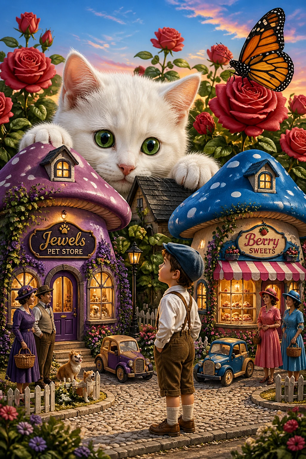 Gattino bianco gigante che sovrasta una minuscola città fantasy