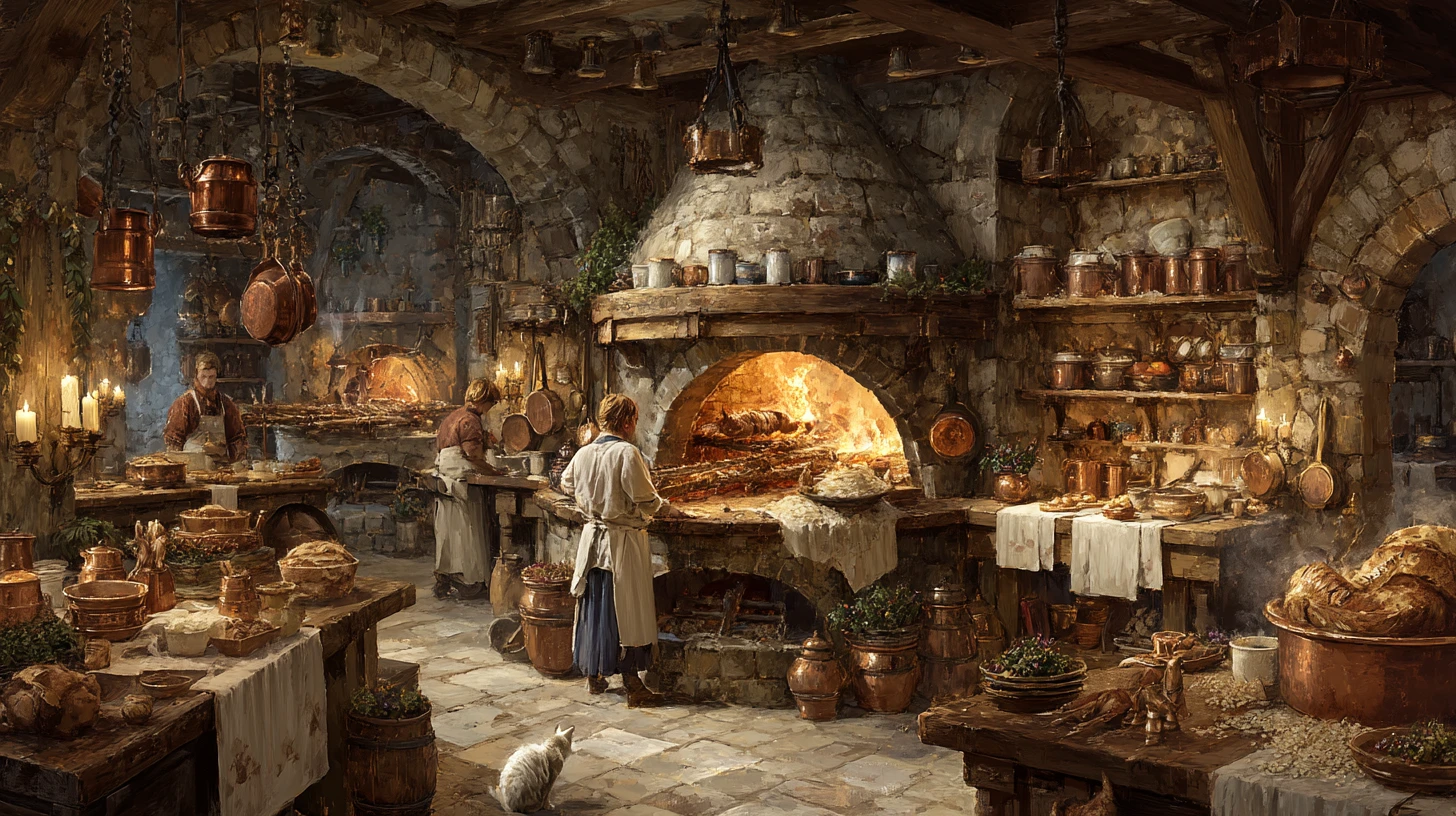 Alegre cocina de castillo medieval llena de preparativos para el banquete