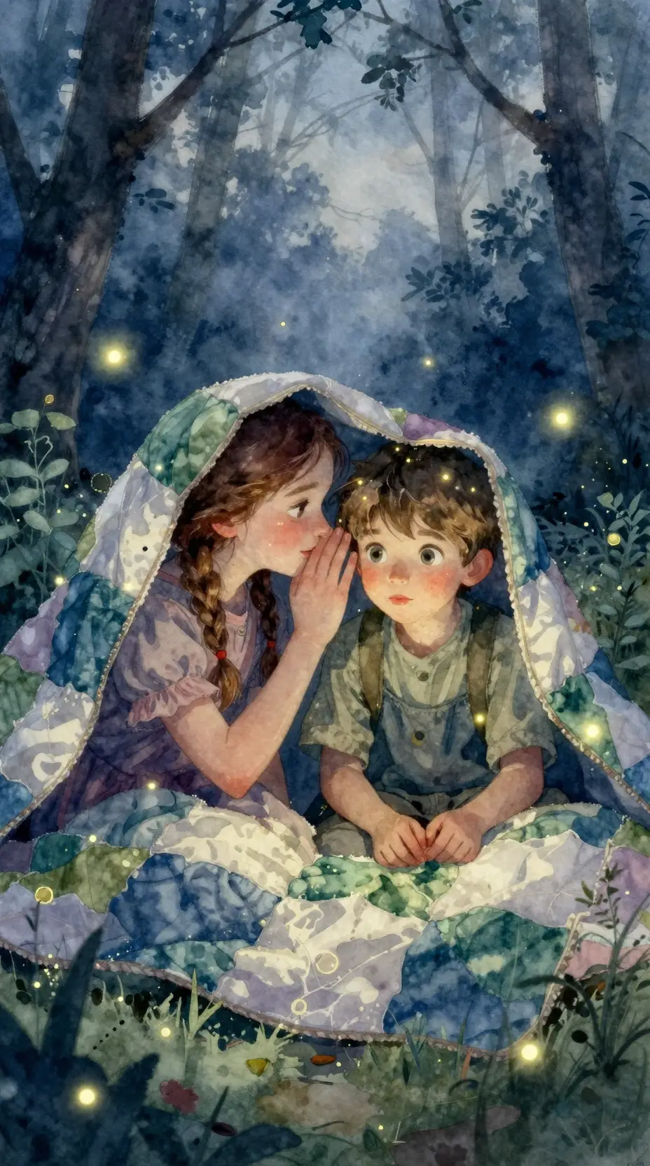 Siblings Sharing A Secret Under A Quilt At Twilight