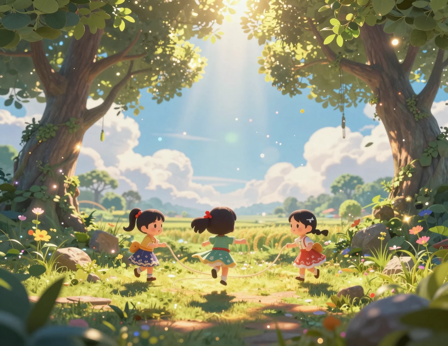 Três meninas chibi pulando corda em uma floresta