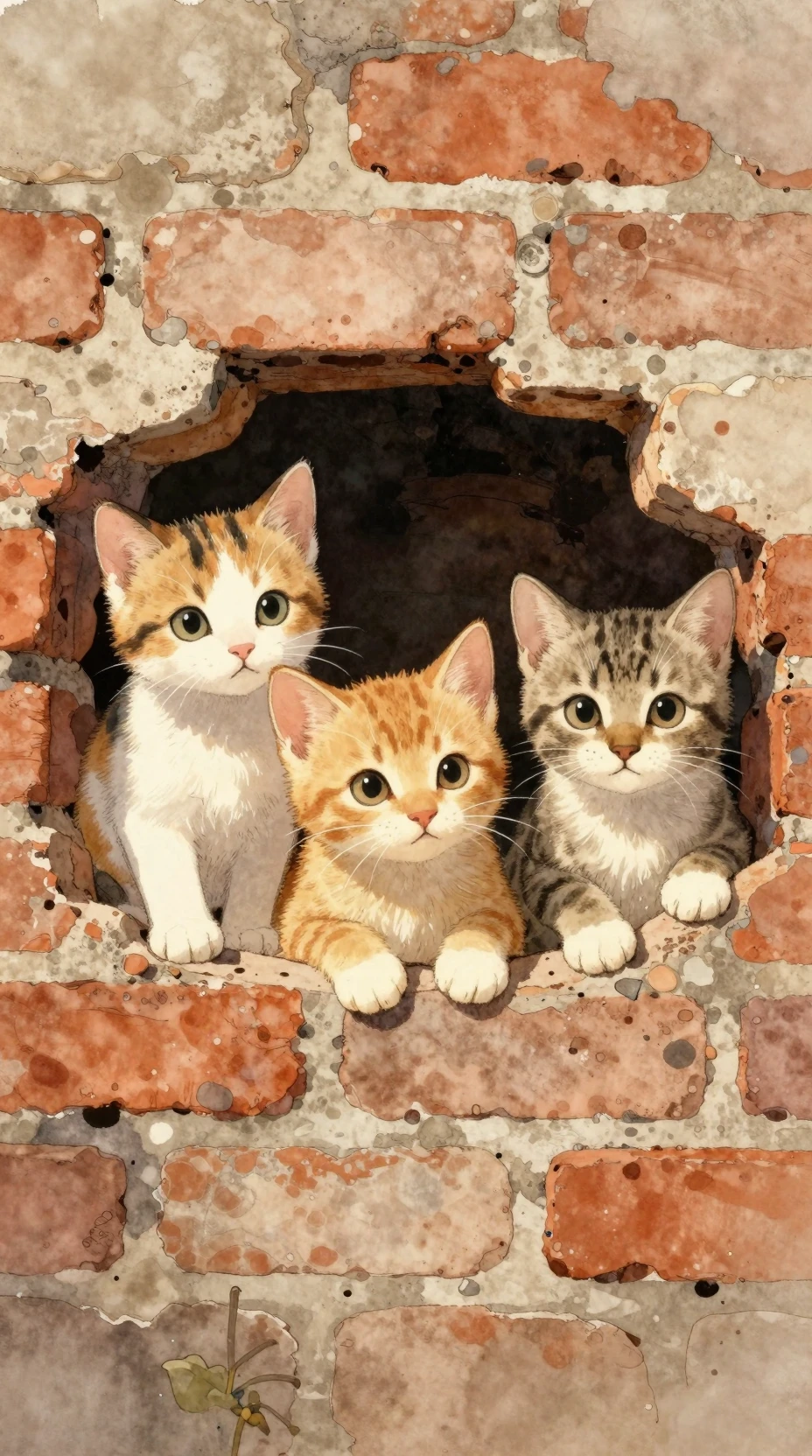 Three curious kittens peeking from holes in a brick wall