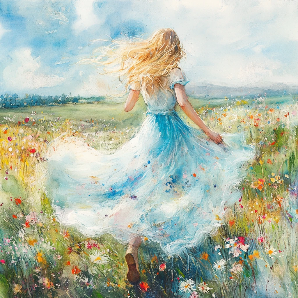 Young woman running through a colorful spring flower field